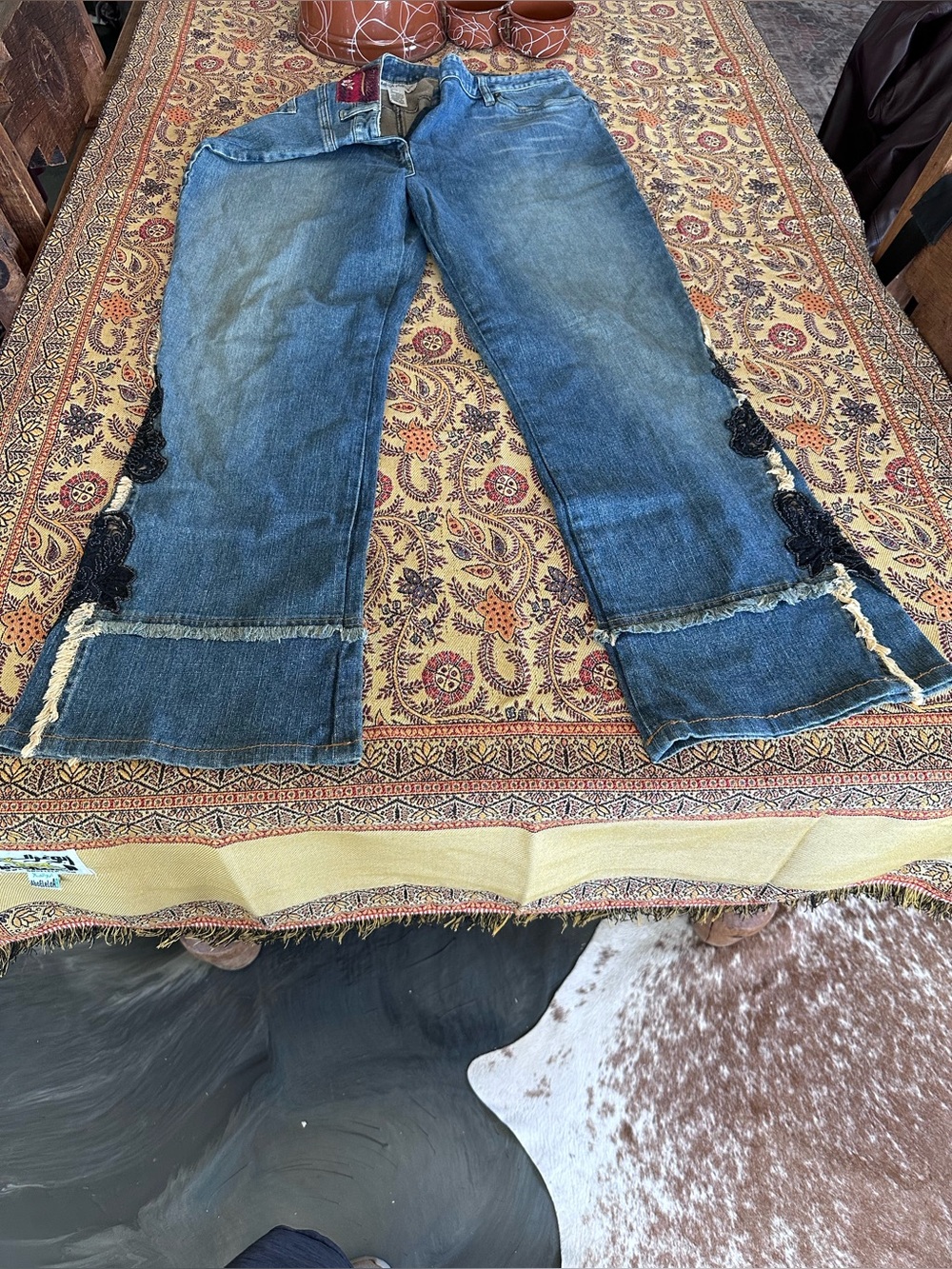 Telluride Women's Distressed Flare Jeans with Lace Trim